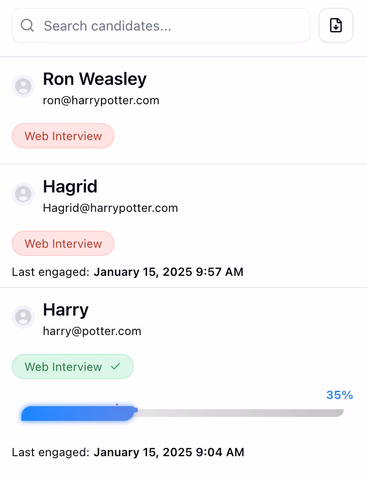 Screenshot of a candidate management dashboard showing web interview statuses and engagement details