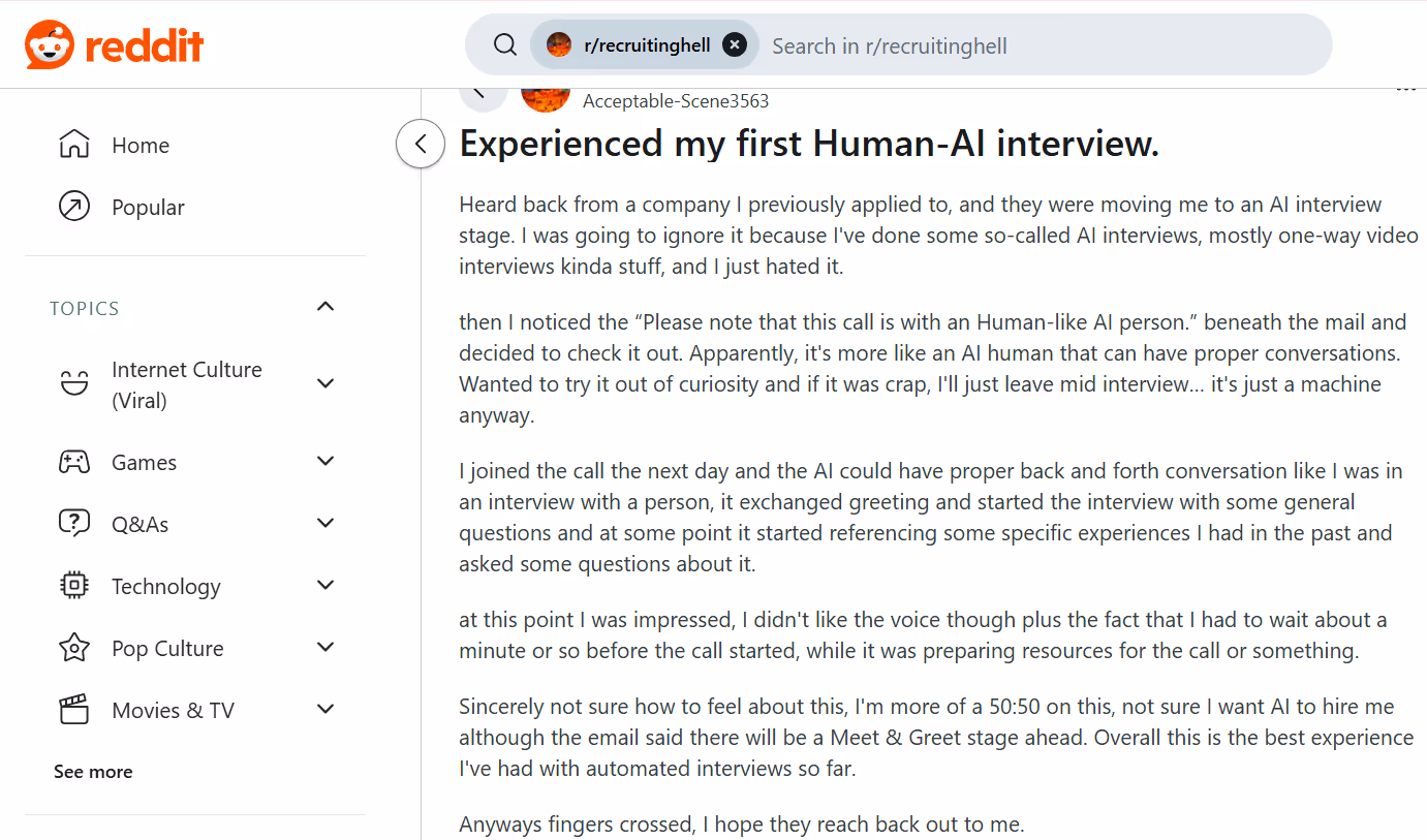 Reddit post from r/recruitinghell where a candidate shares a mixed experience with an AI interview, noting it felt like a real conversation but had drawbacks