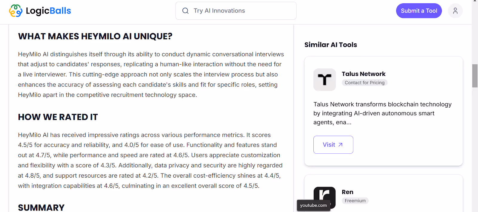 HeyMilo AI review on LogicBalls, highlighting its high ratings for functionality, reliability, and security
