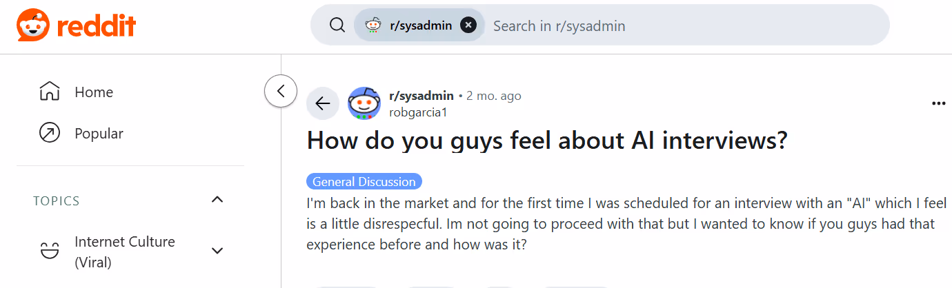 Reddit post from r/sysadmin discussing AI interviews, where a user expresses feeling disrespected by an AI interview process
