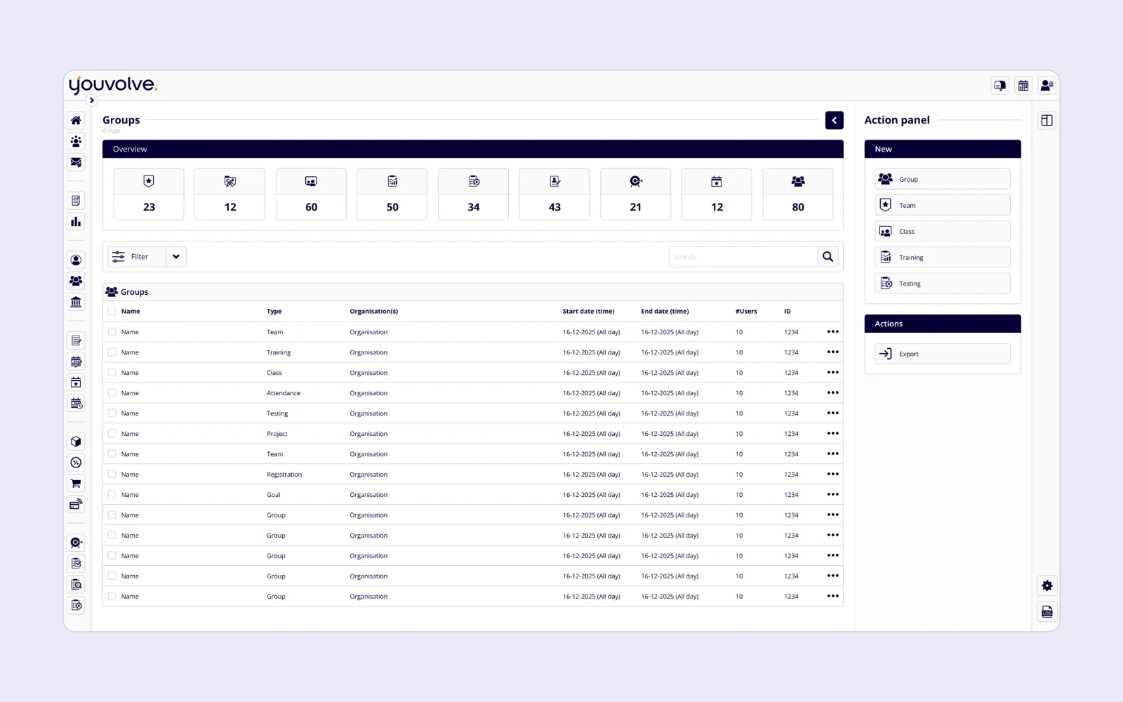 Dashboard van groepenbeheer met overzicht van groepstypes, organisatienamen, start- en einddatums, aantal gebruikers en acties.