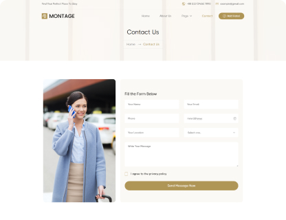 Smiling woman in business attire talking on a phone next to a contact form on a website.