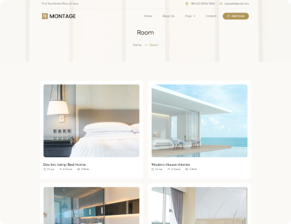 Website section showing a room rental page with images of a bedroom with a lamp and a modern house by the ocean, including ratings and booking details.