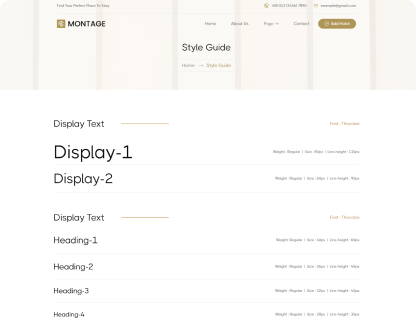 Style guide webpage section showing typography examples for display text and headings with font name and styles details.
