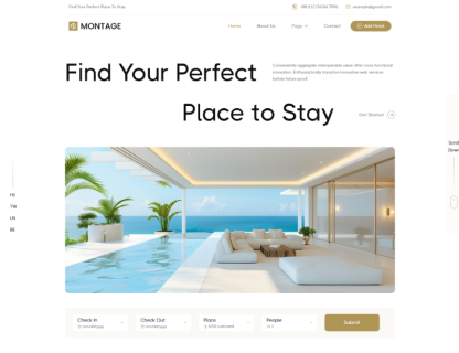 Modern luxury outdoor living space with pool, lounge seating, plants, and ocean view under a covered patio.