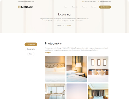Webpage showing licensing details for Montage template with six photography images of beds, pillows, lamps, room windows, and curtains.