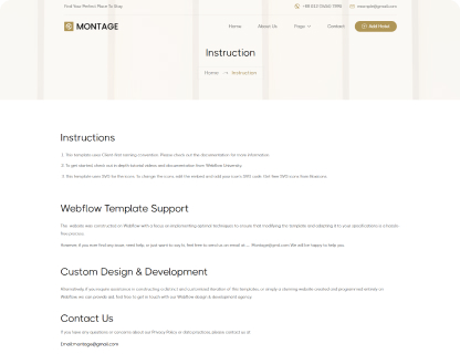 Webpage with instructions and support information for a Montage template, including sections for Webflow template support, custom design & development, and contact details.