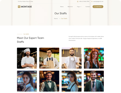 Portraits of eight diverse professional team members, including chefs, baristas, and hospitality staff, smiling and dressed in work uniforms.