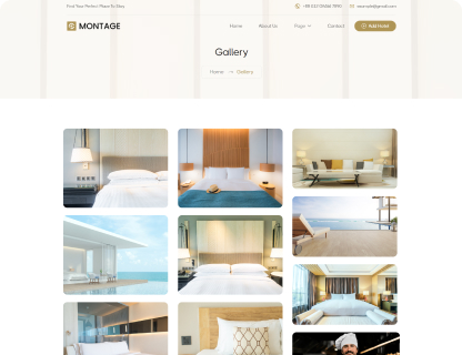 Gallery webpage showing a grid of nine images featuring modern hotel rooms and outdoor ocean views with beds, sofas, light fixtures, and balconies.
