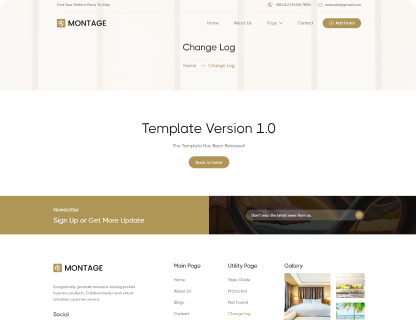 Webpage screenshot showing Montage template version 1.0 release announcement with navigation menu and newsletter signup section.