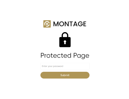 Montage logo above a black lock icon with a protected page login form asking for password and a gold submit button.
