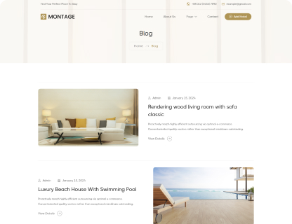 Webpage blog section showing two posts: one with a modern wood living room with a sofa, the other with a luxury beach house with a swimming pool and ocean view.
