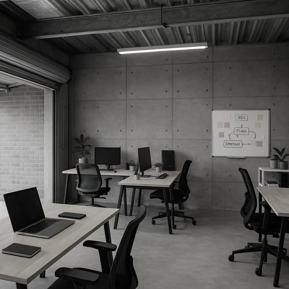 Contemporary office space with desks and whiteboard