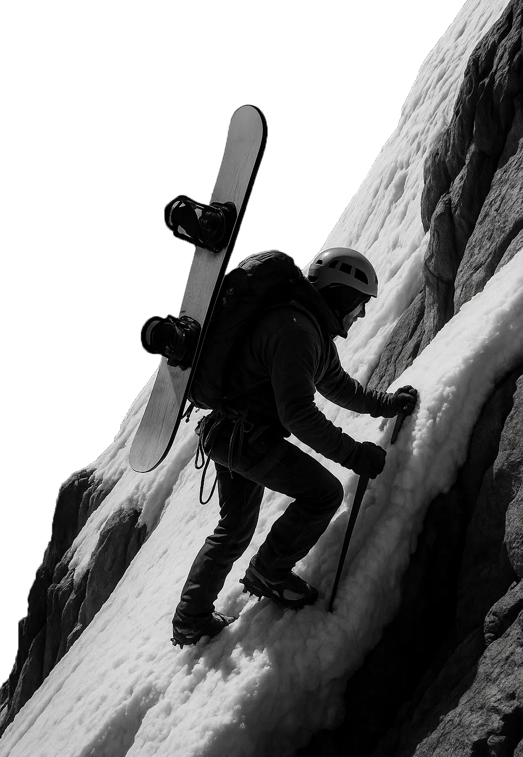 Person climbing an icy mountain with a snowboard, symbolizing AGNTCY’s bold and AI-native approach