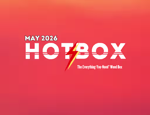 Cannabis Hot Box May 2026 ad highlighting an all-in-one weed box with bold typography on a red background