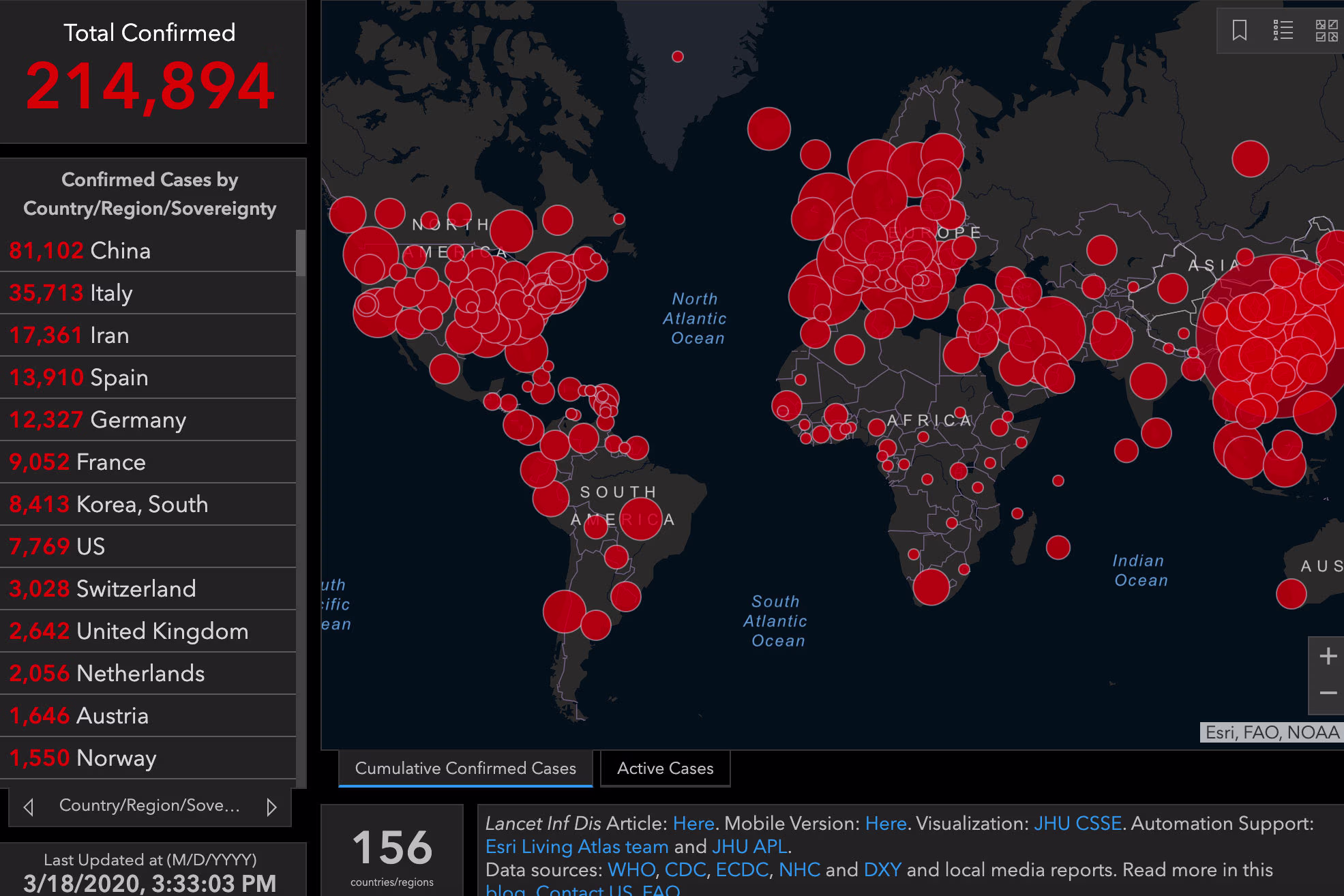 A real-time map showing confirmed COVID-19 cases worldwide, with red circles marking concentrations and a sidebar listing country-level totals.