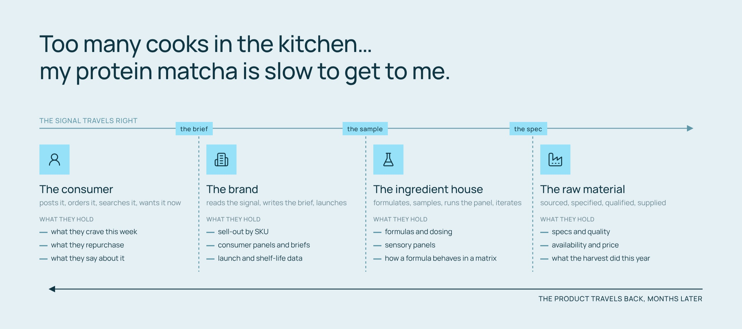 Flavor development chain: a consumer signal passes from brand to ingredient house to raw material supplier via a brief, a sample and a spec, and the product travels back months later.