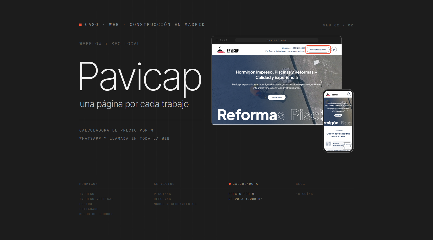 Web de Pavicap en escritorio y en móvil: una página para cada trabajo y calculadora de precio por metro cuadrado