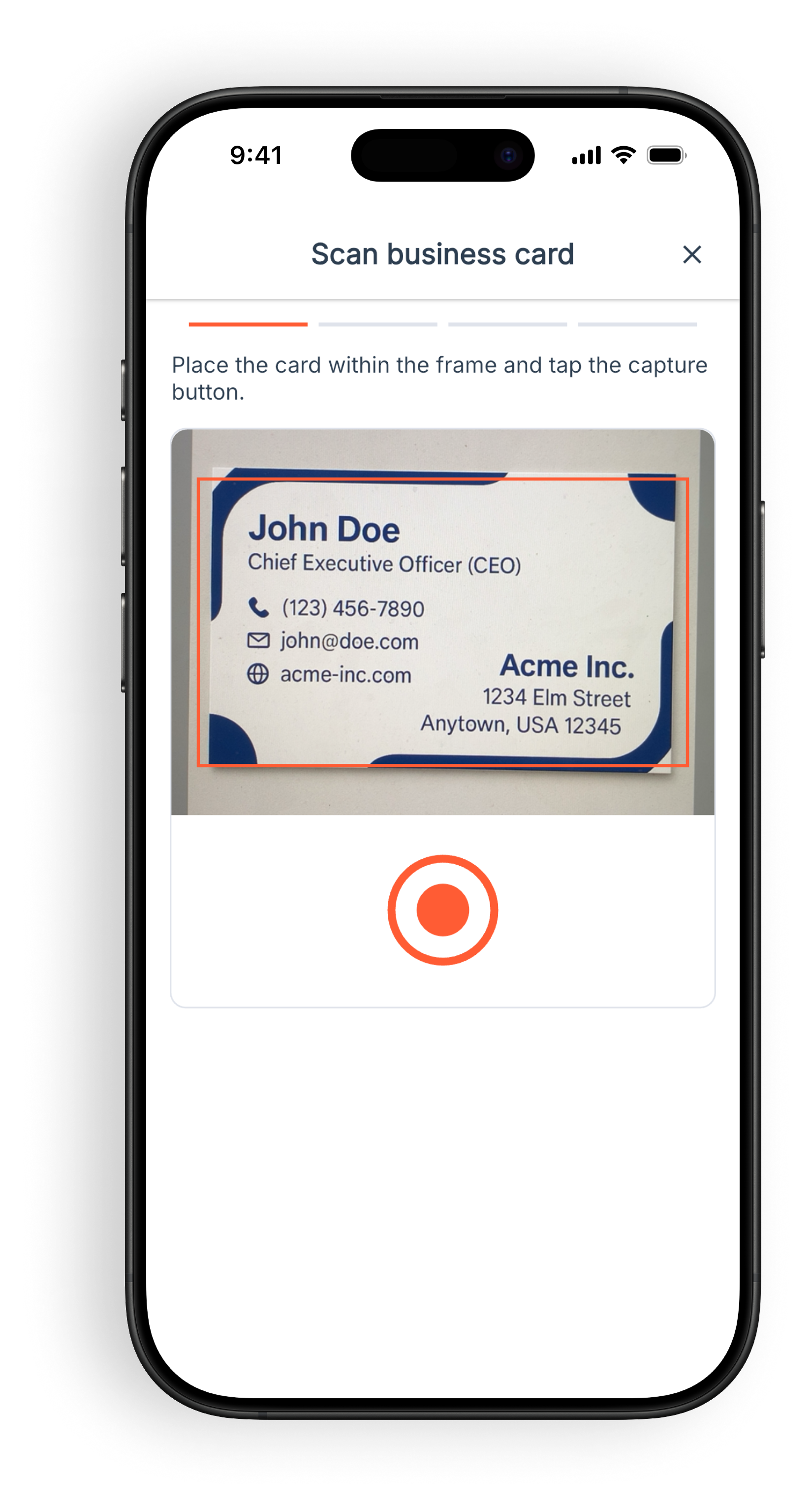 Snap2CRM business card capture screen