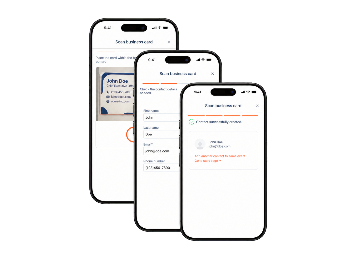 Snap2CRM scan, review, and HubSpot submission screens