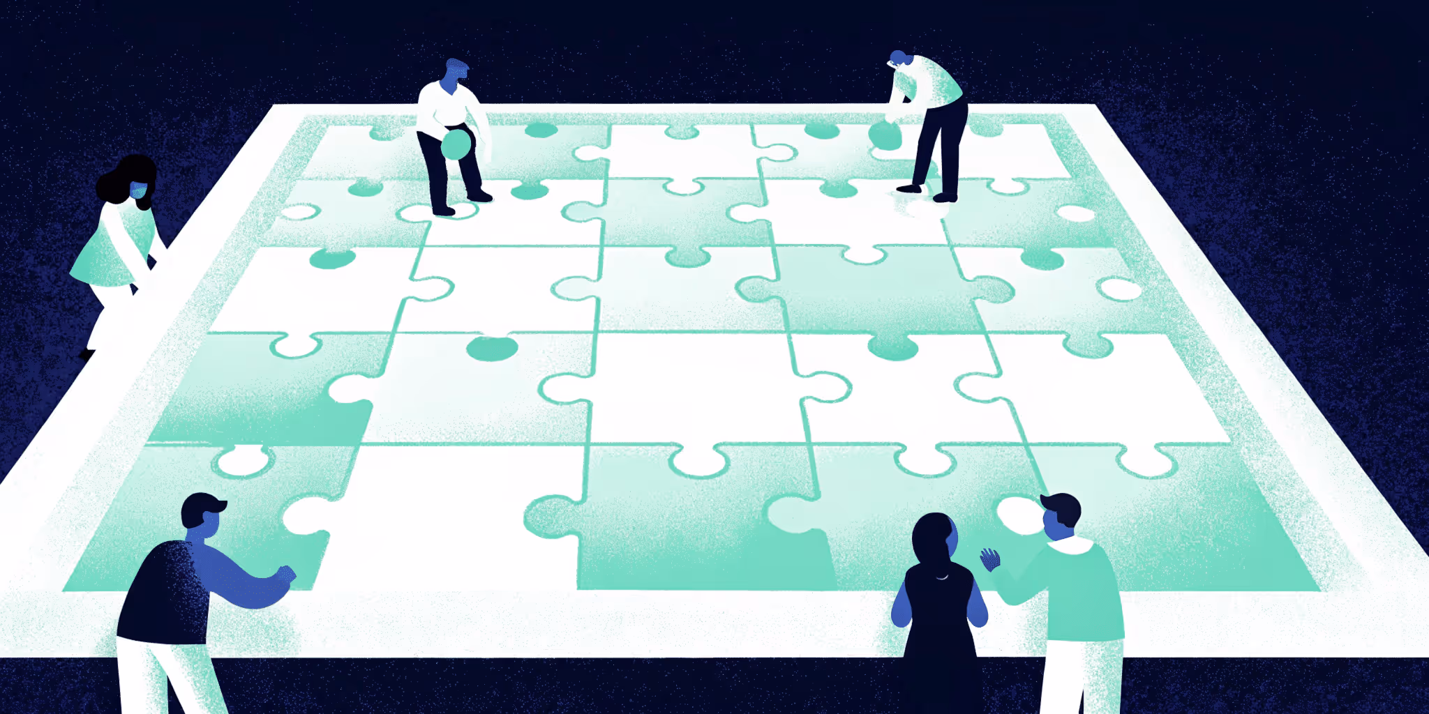 Illustration of people building a giant puzzle