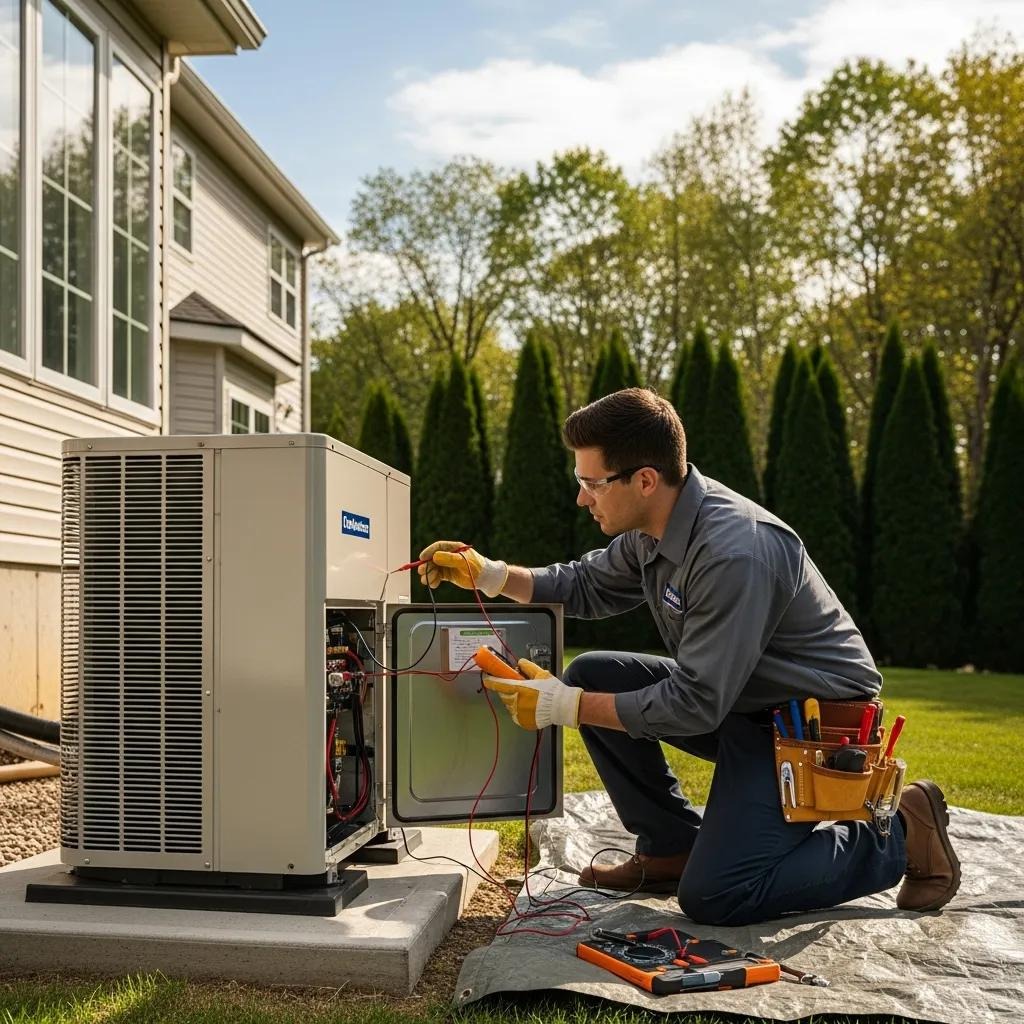 Technician checking an outdoor heat pump unit during a service visit