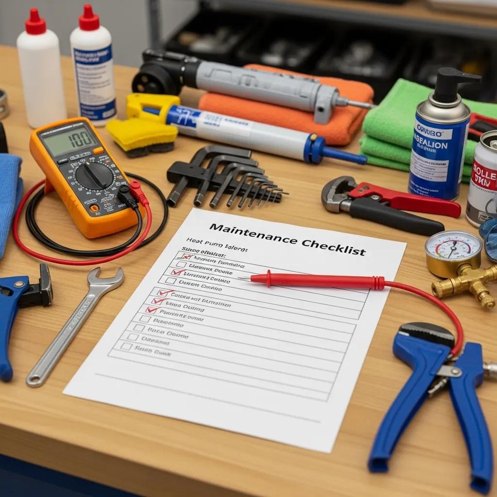Maintenance checklist and tools used during a heat pump service visit