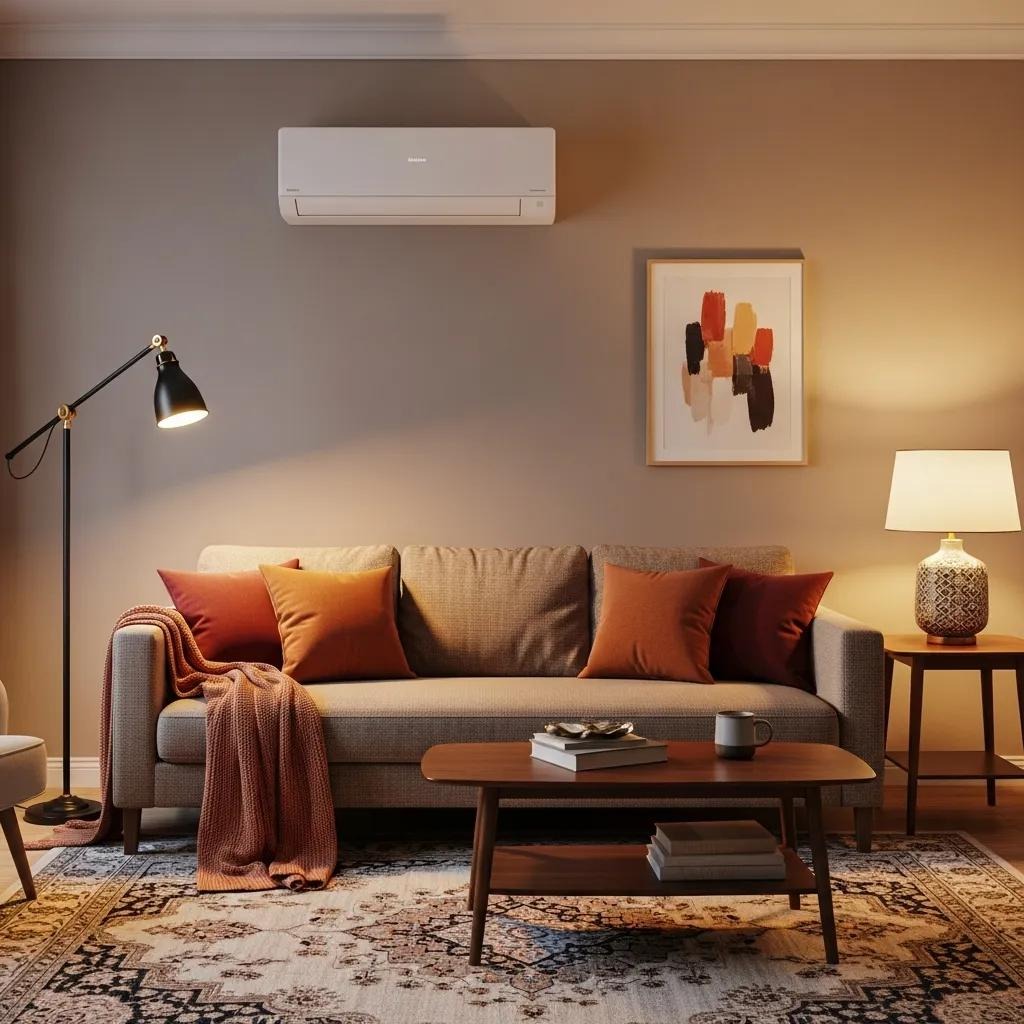 Modern heat pump in a cozy living room, showing warmth and home comfort