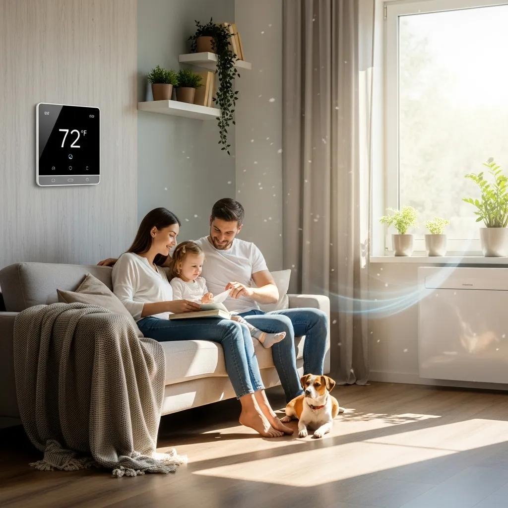 A comfortable home with an energy-efficient HVAC system and a modern thermostat