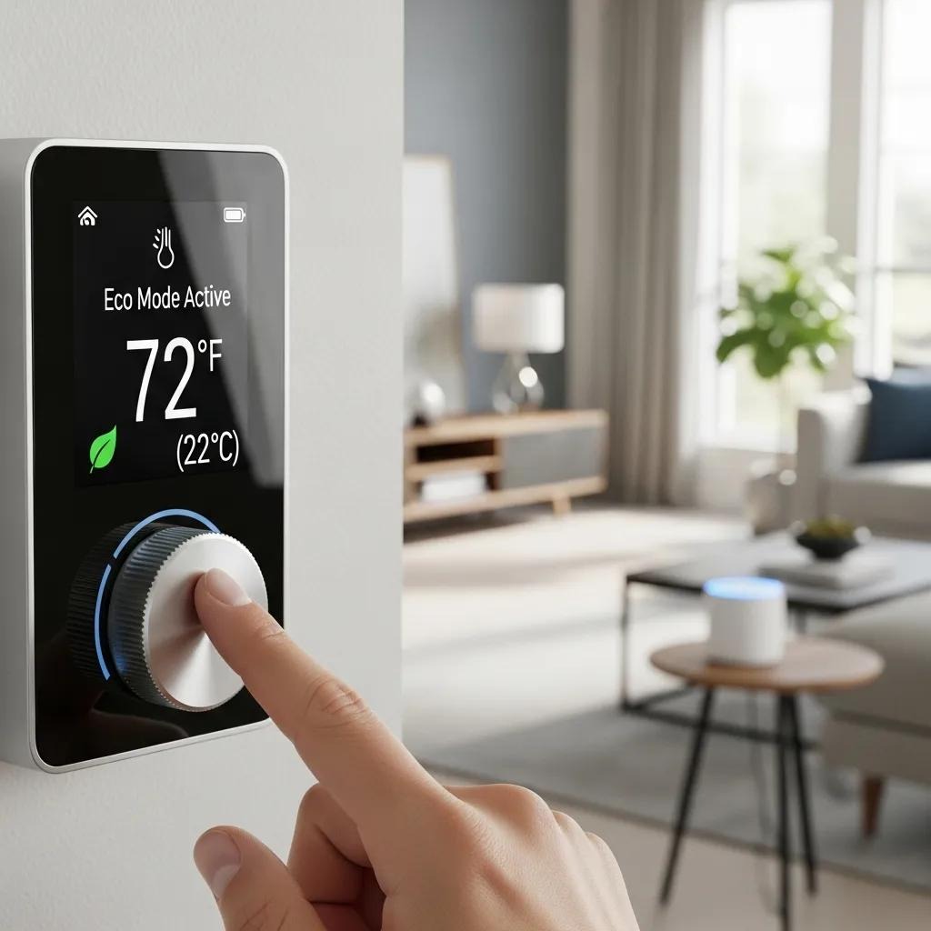 A smart thermostat mounted on a living room wall to manage home energy use