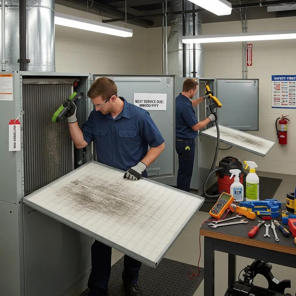 Technician inspecting and servicing an HVAC unit to improve efficiency