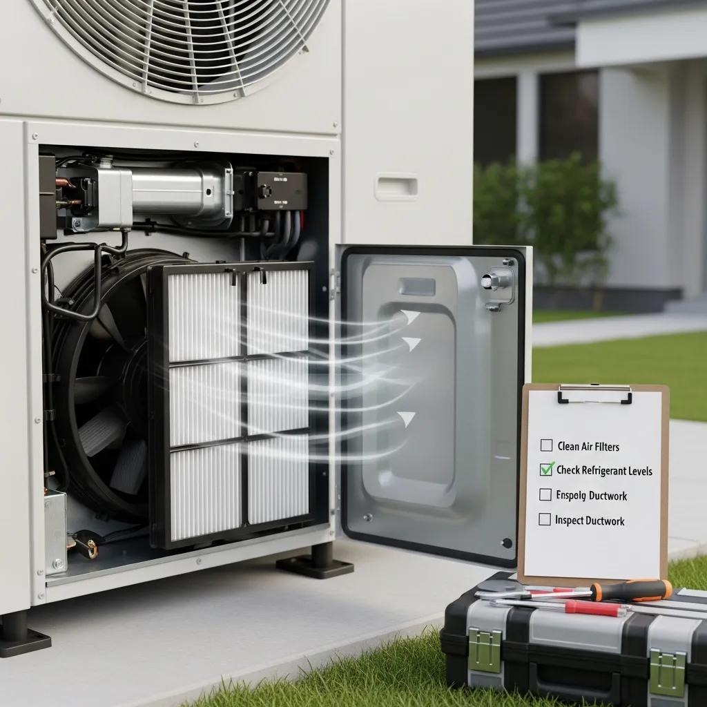Well-maintained heat pump compressor showing efficient maintenance