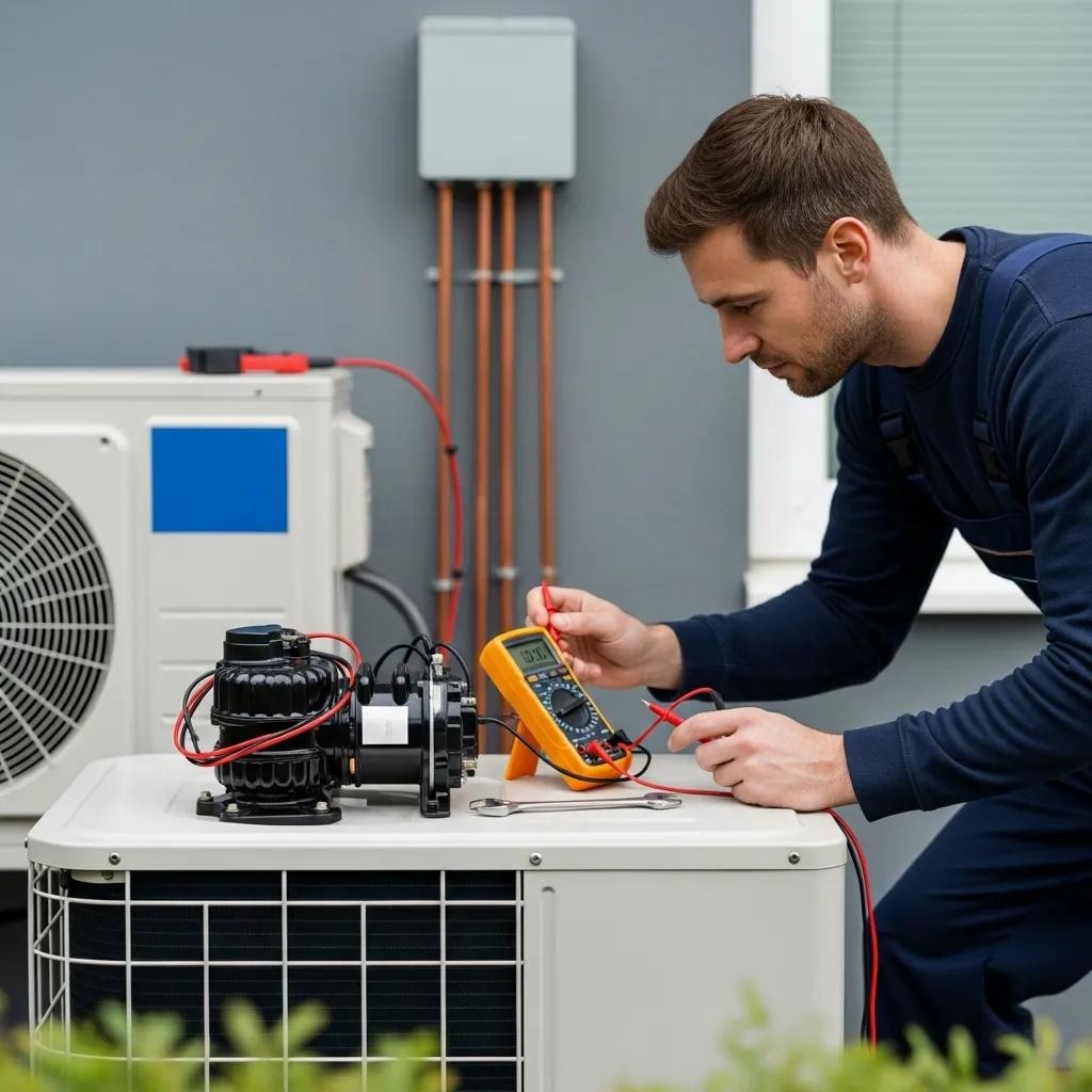 Technician diagnosing a home heat pump compressor
