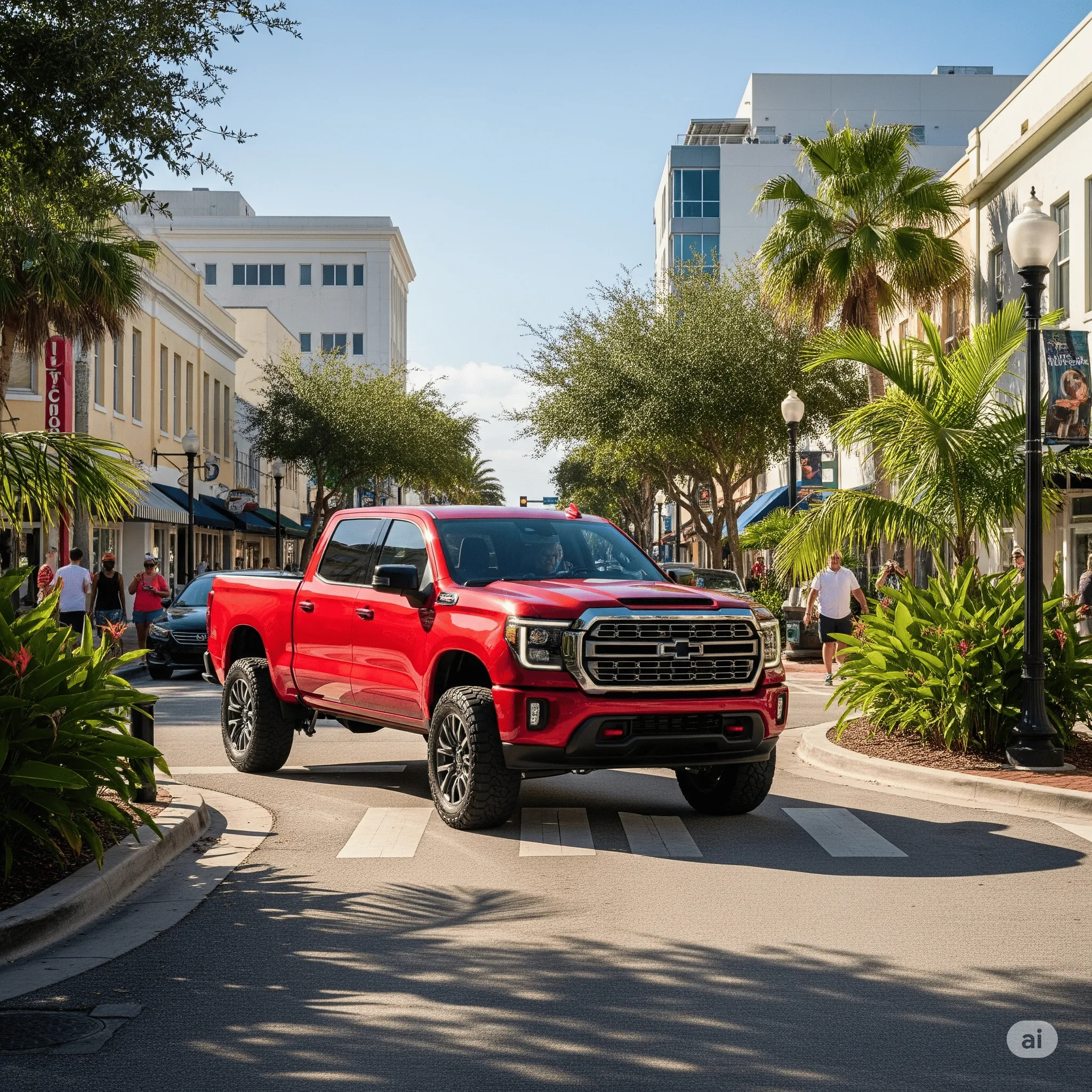 A vibrant red pickup truck drives through a lively city street lined with greenery and pedestrians.