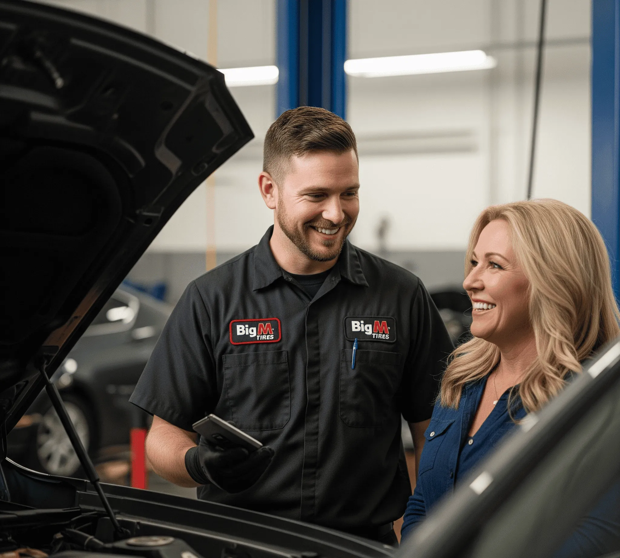 A mechanic smiles at a woman while discussing vehicle maintenance, hood open in an auto shop setting.