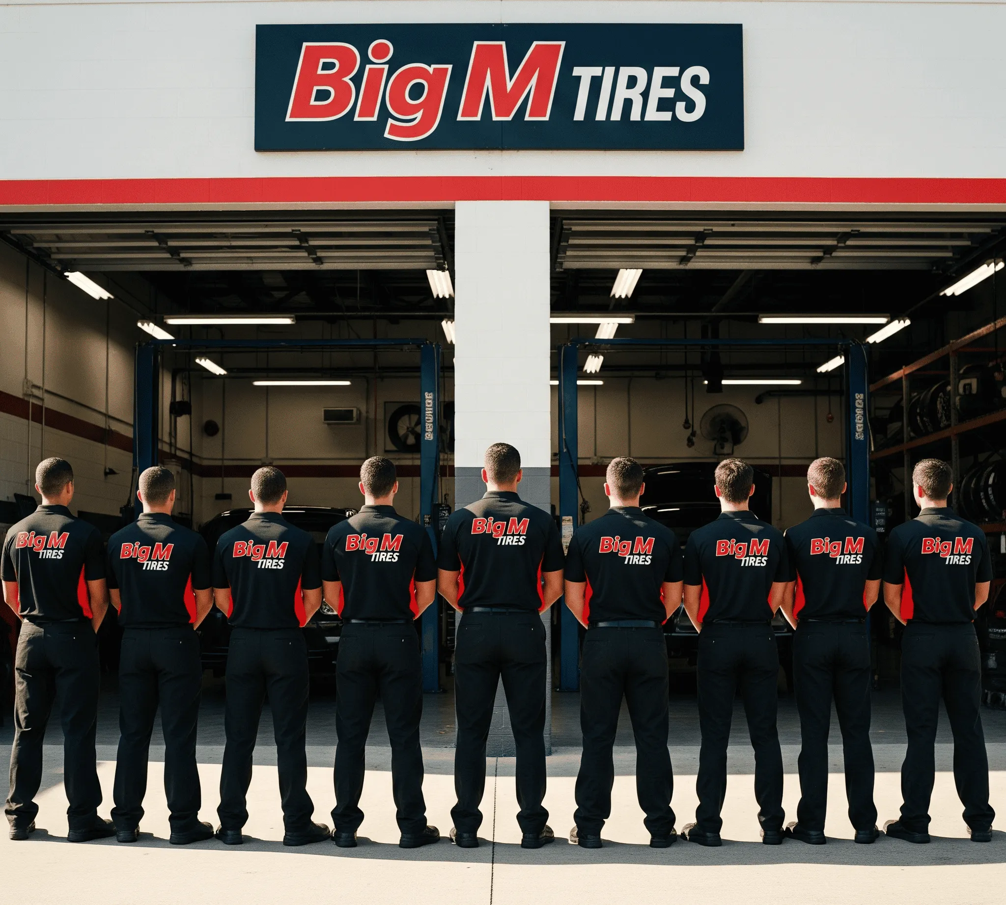 A lineup of technicians in branded shirts stands in front of a Big M Tires service center, facing away from the camera.