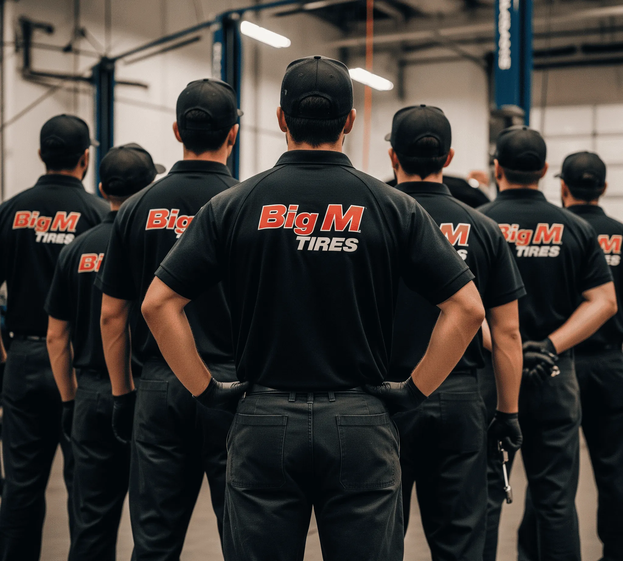 A group of uniformed tire technicians stands in a workshop, facing away, with "Big M Tires" on their shirts.