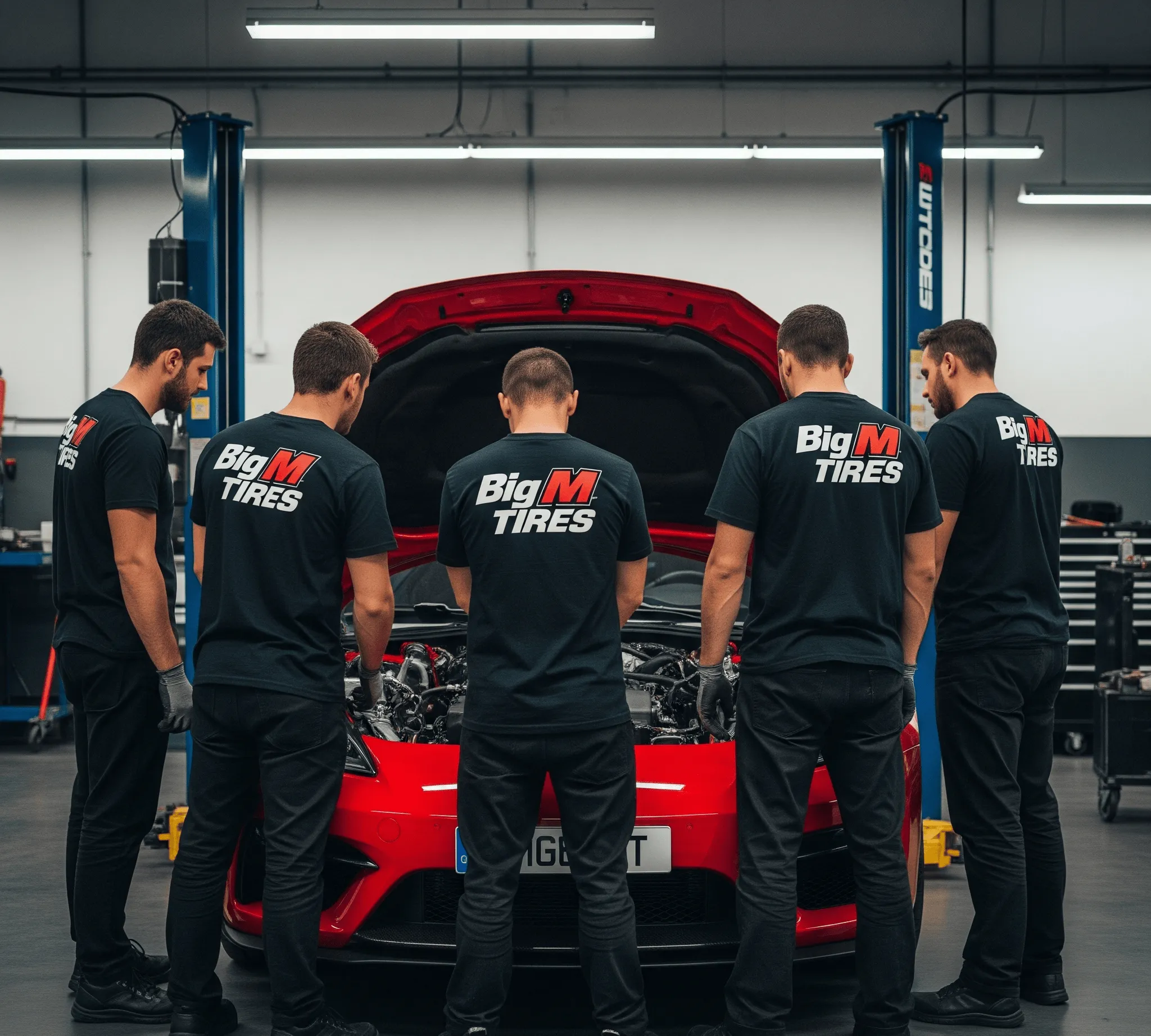 Five mechanics in black shirts inspect a red car's engine in a well-equipped garage.