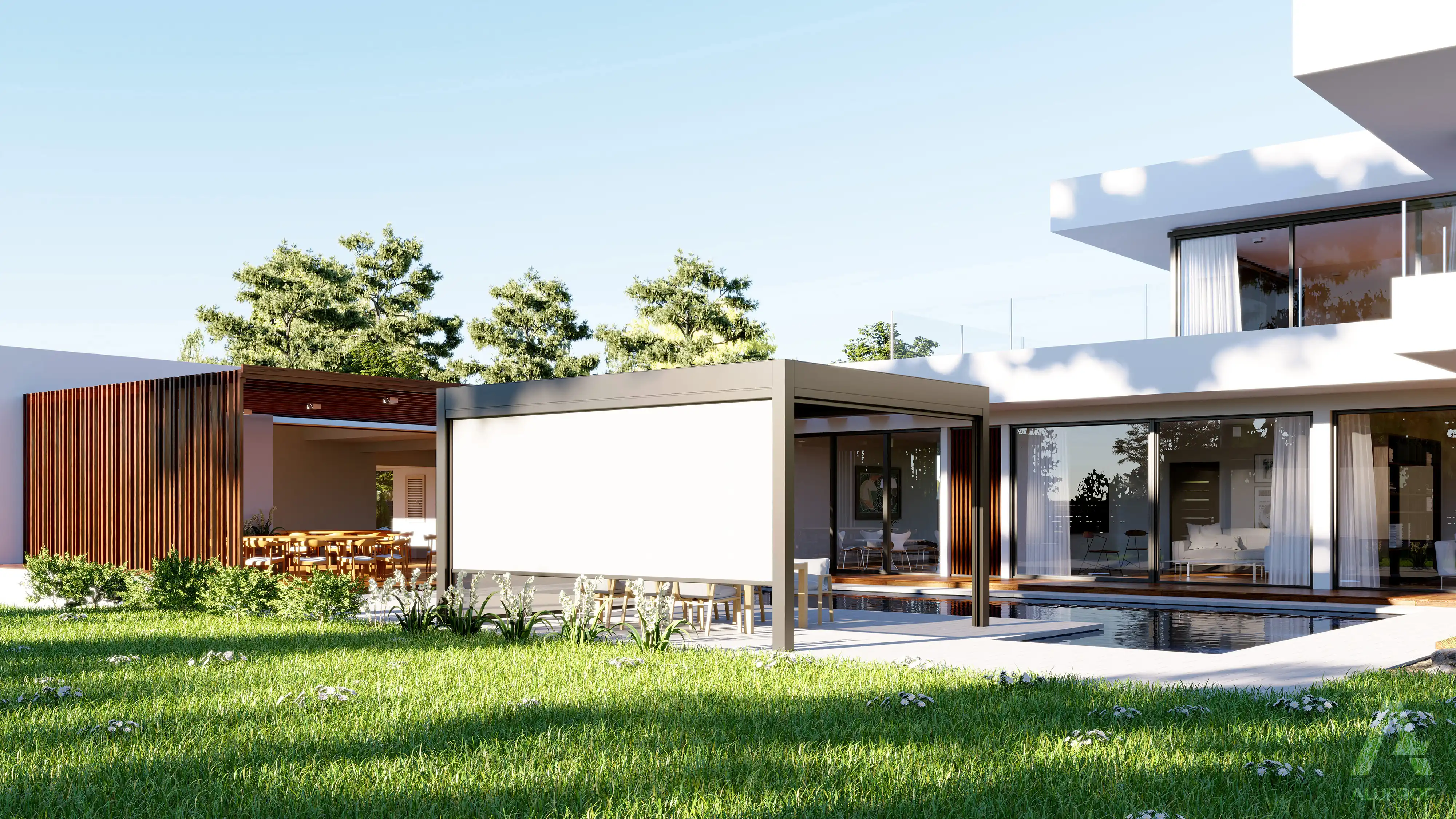 MB-OpenSky 140 aluminium pergola system for modern outdoor shading by RA HOUSE