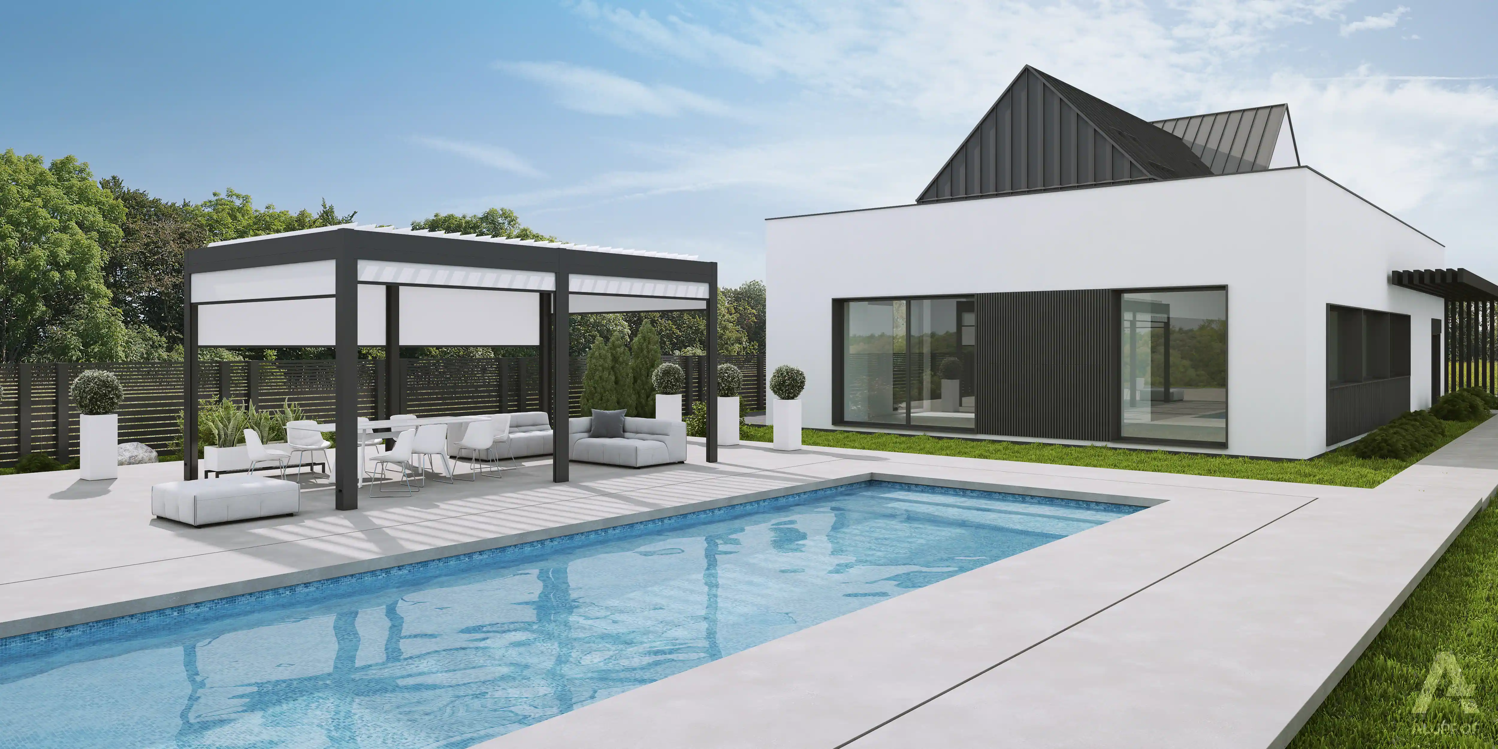 MB-OpenSky 120 aluminium pergola system for functional outdoor shading by RA HOUSE