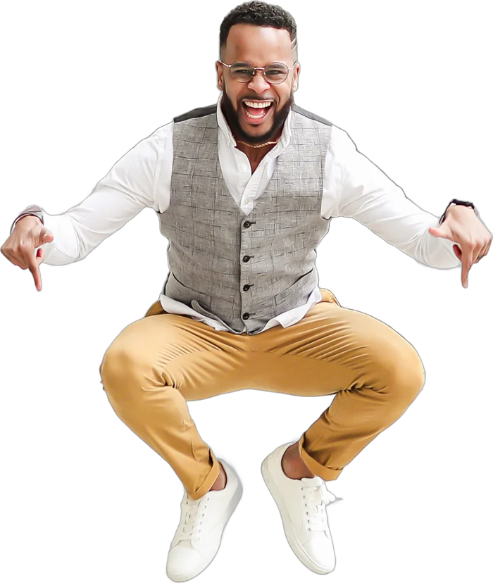 Darryl Bellamy Jr. jumping and pointing down, excited to talk about your event
