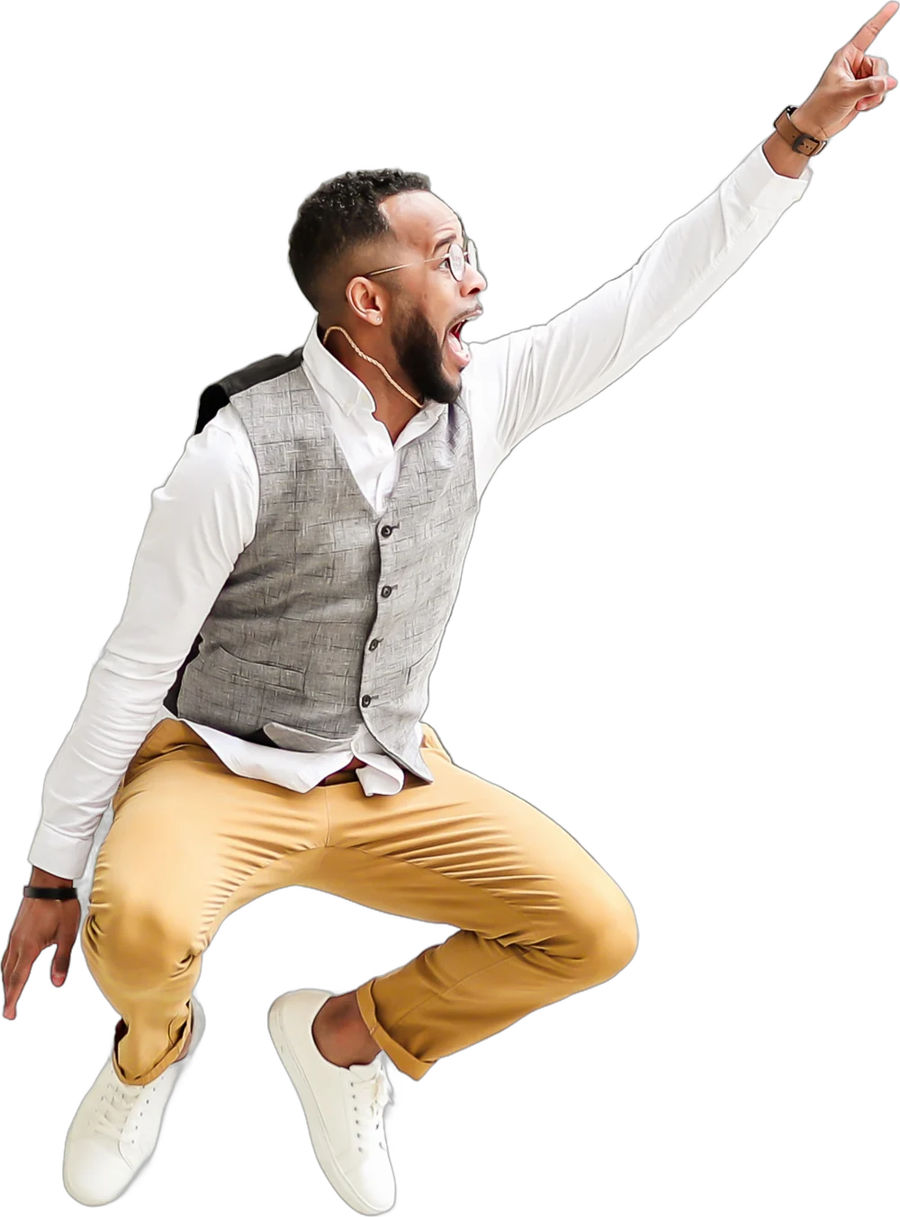 Darryl Bellamy Jr. jumping and pointing, excited to talk about your event