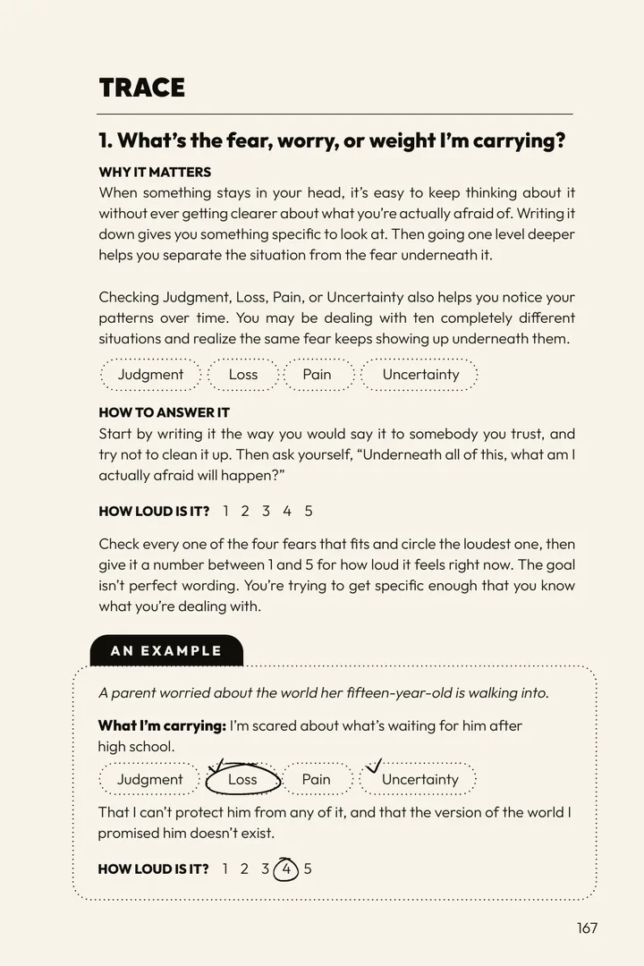 A guide page for question one, with why it matters, how to answer it and an example
