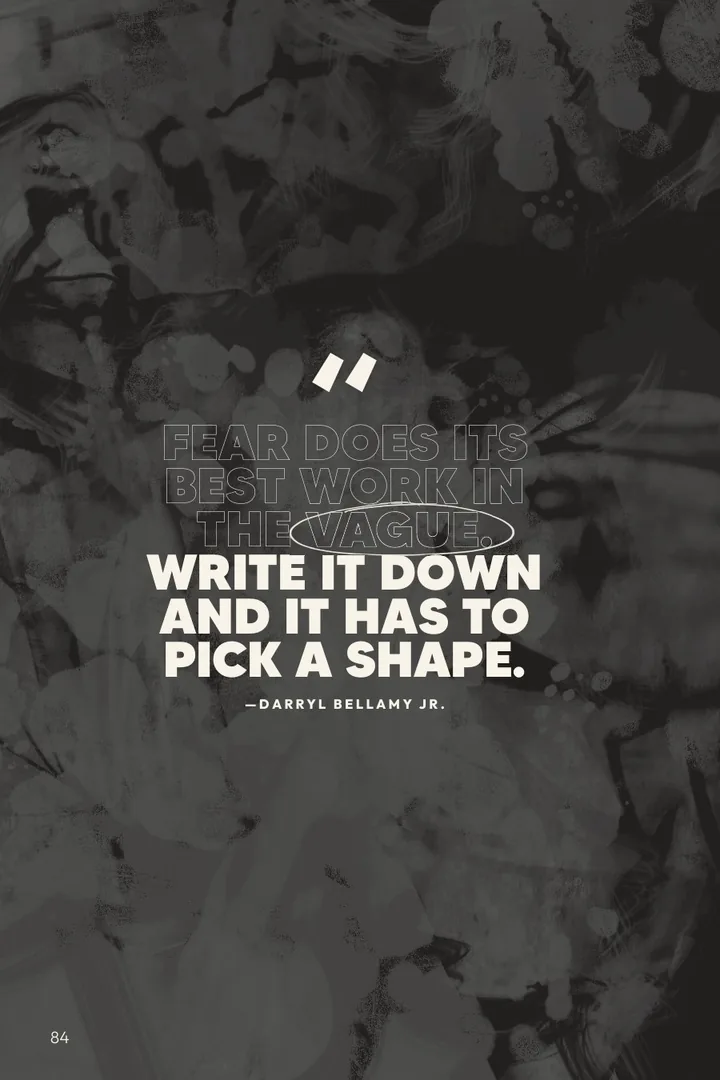 Quote page: Fear does its best work in the vague. Write it down and it has to pick a shape.