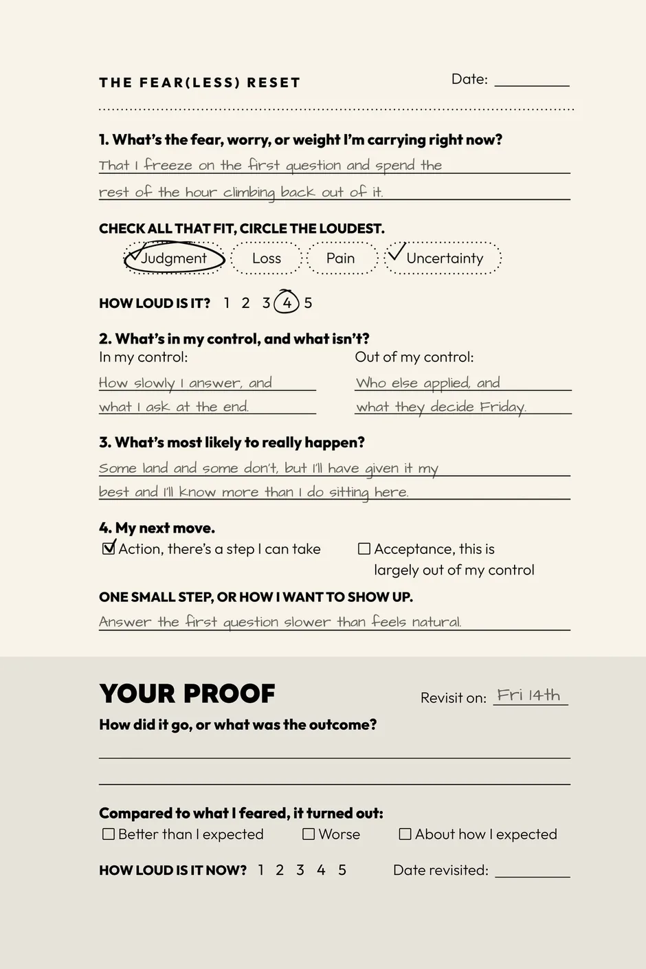 A Fear(less) Reset page filled in by hand before a job interview