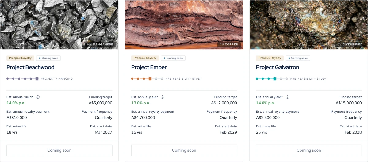 ProspEx platform — Initial Royalty Offering opportunity cards