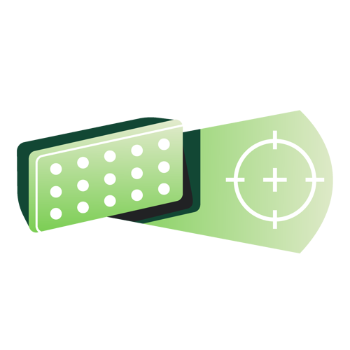 Grünes Icon mit LED-Strahler und Zielkreuz, Symbol für präzise ausgerichtete Flutlichtmodule.