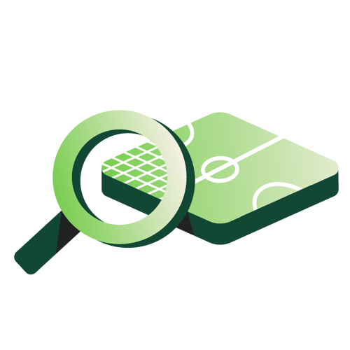 Grünes Icon mit Fußballfeld und Lupe, Symbol für maßgeschneiderte Lichtplanung nach Normen.