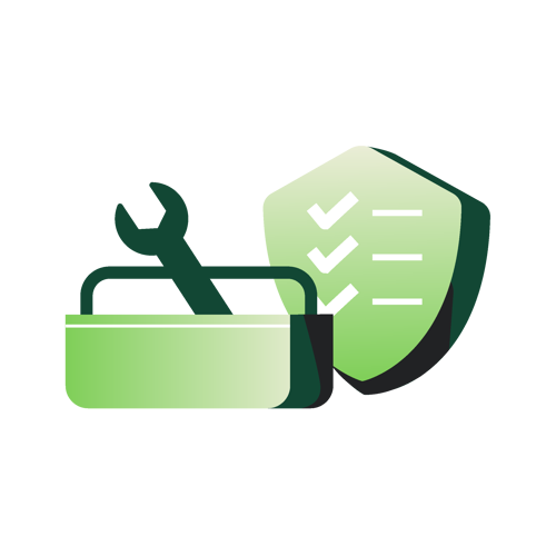 Grünes Icon mit Schraubenschlüssel und Schild mit Haken, Symbol für sichere und schnelle Montage.