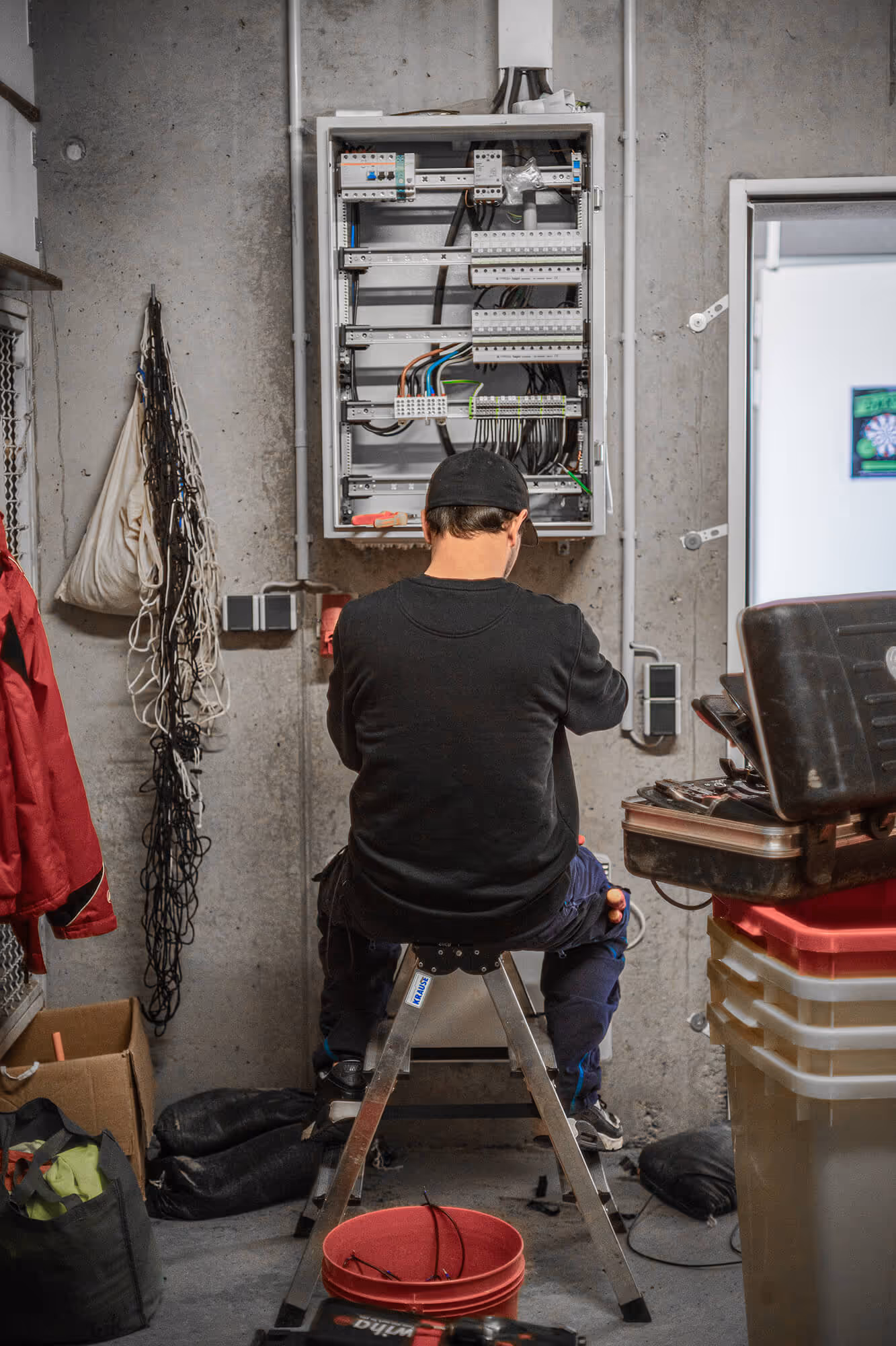 Ein Techniker sitzt vor einem Schaltschrank und arbeitet an der Verkabelung – Symbolbild für Jobs und Karriere bei Lumosa im Bereich Sportstättenbeleuchtung.